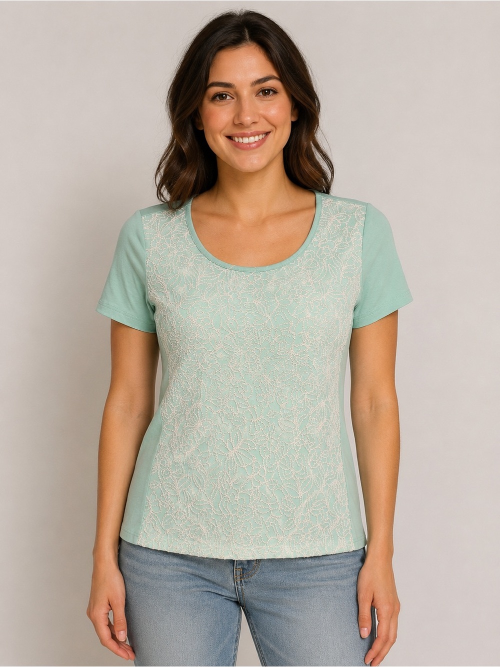 Isaac Mizrahi - Embellished Seafoam Scoop Neck Short Sleeve Tee - SzS